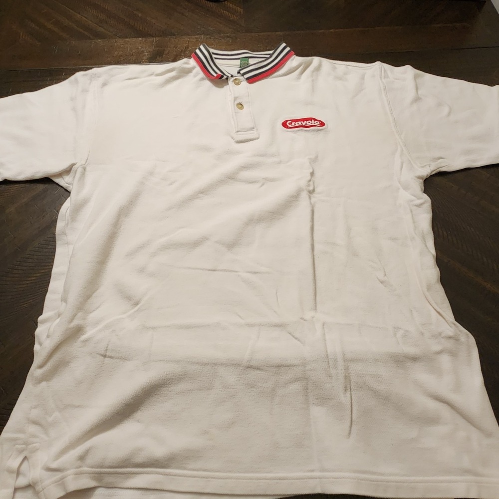 Mens White Crayola Vintage Polo Short-Sleeve Collared Size Large Logo Comfort